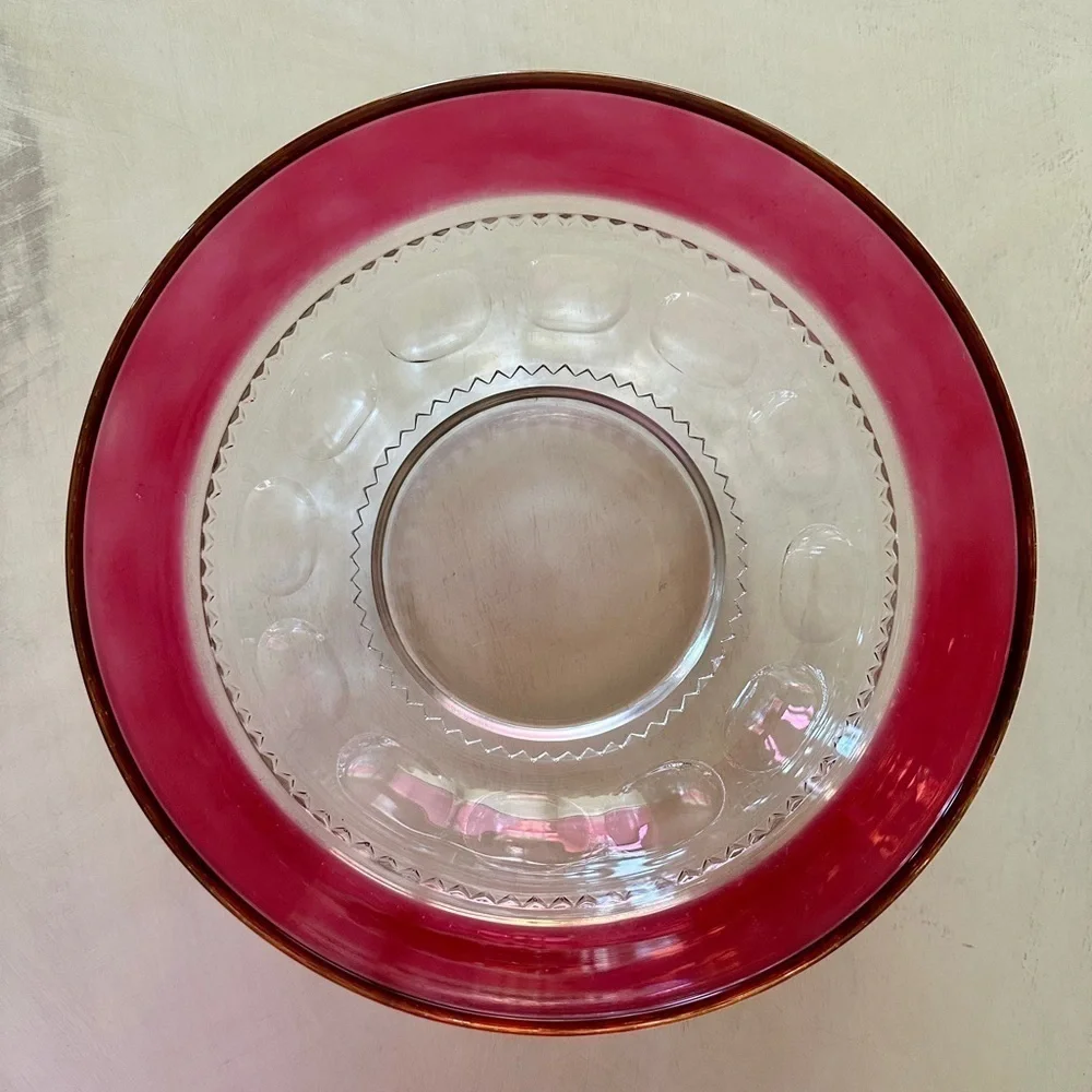 KINGS CROWN, RUBY RED FLASHING, THUMBPRINT, GLASS BOWL, FROM MID-20TH CENTURY.